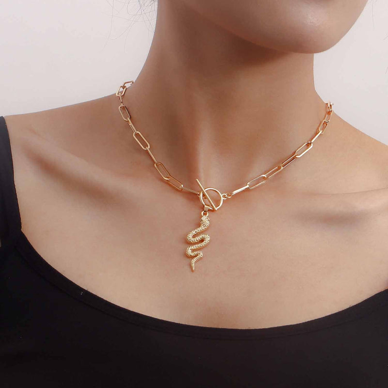 Snake Pendant Paperclip Link Chain Necklace