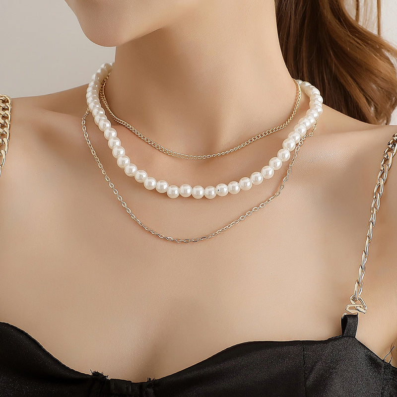 Layer Pearl Chain Choker Necklace Vintage