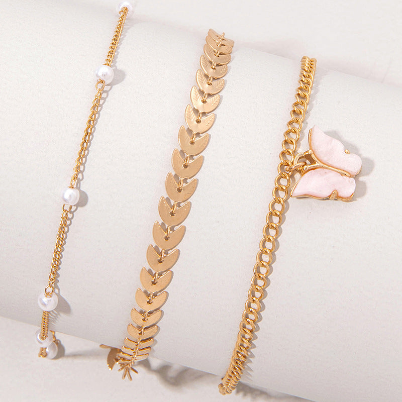 Doubled Layered pink butterfly Anklet Women Jewelry