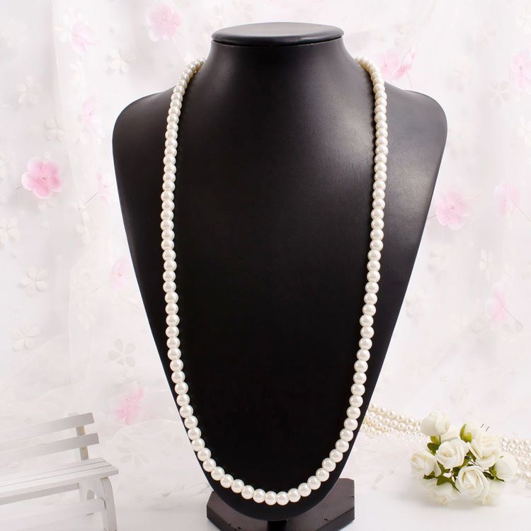 Elegant Women Lady Long White Sweater Created Pearl Necklace