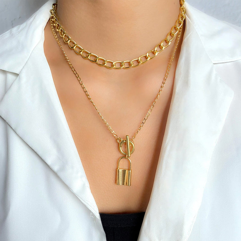 Heart Star Charm Paperclip Chain Choker Necklace Layered Lock Pendant