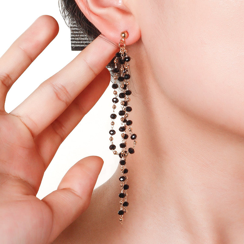 Black Glass Bead Tassel Earrings