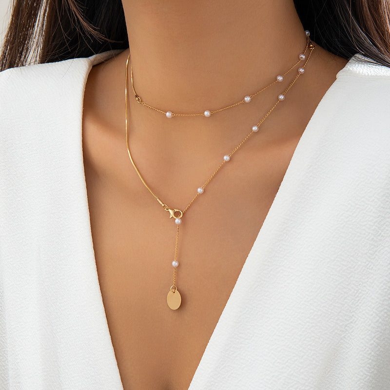 Pearl Fringe Star Round Piece Pendant Chain Necklace