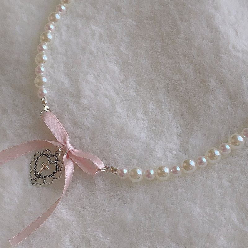 Pink Bow Love Cross Pearl Necklace Chain Collar