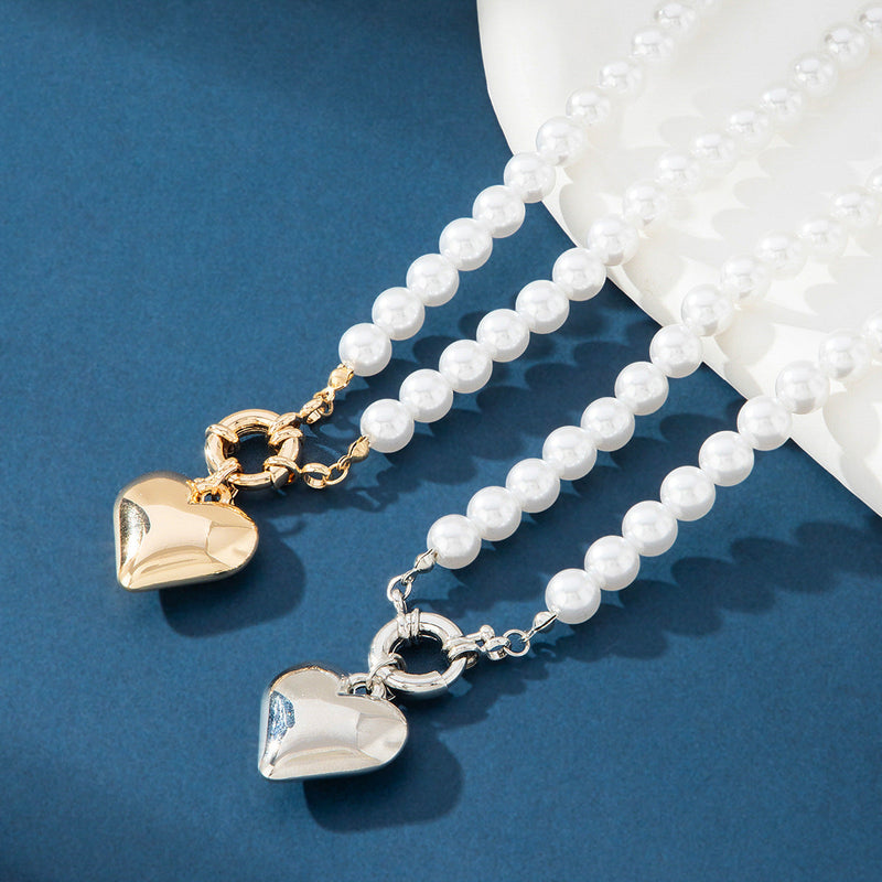 Imitation Pearl Multilayer Choker Necklace for Women Elegant Heart Pendant Necklace