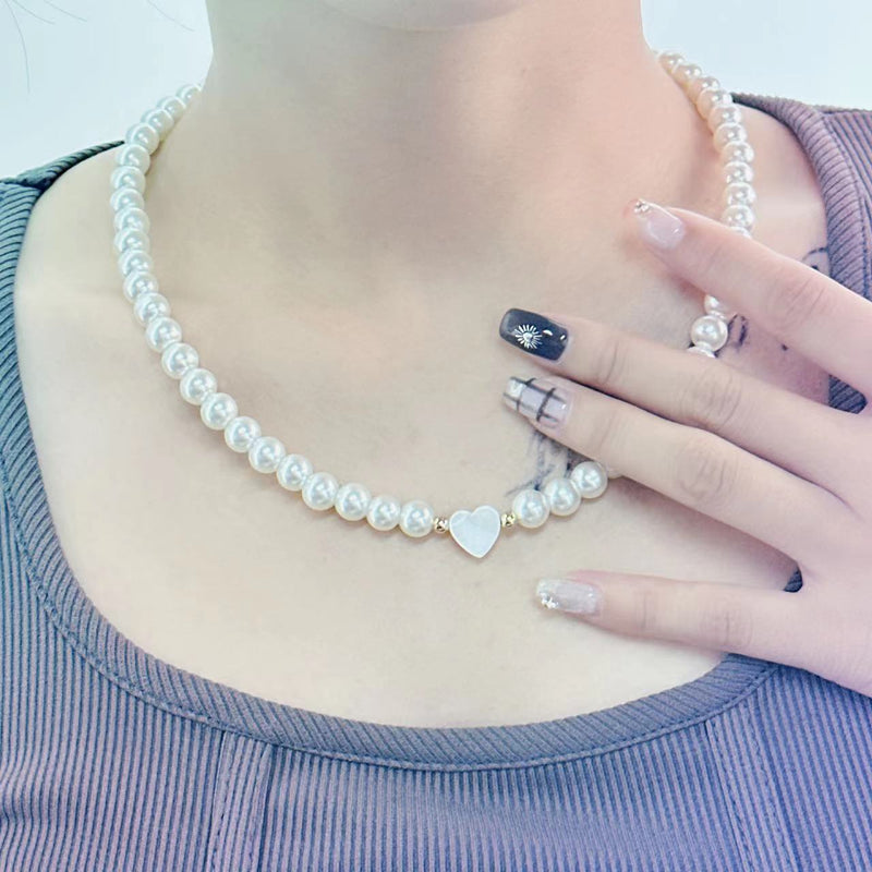Fashion Shell Heart Imitation Pearls Necklace Handmade Pearl Beaded Choker Necklace