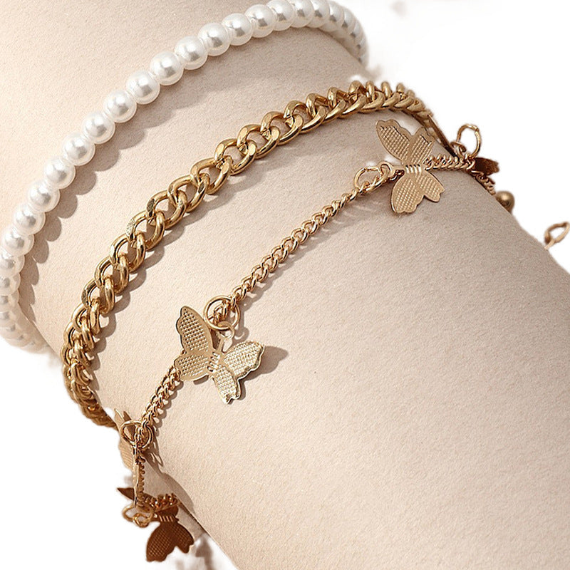 Layered Foot Chain Cuban Link Anklet Pearl Butterfly Ankle Bracelet