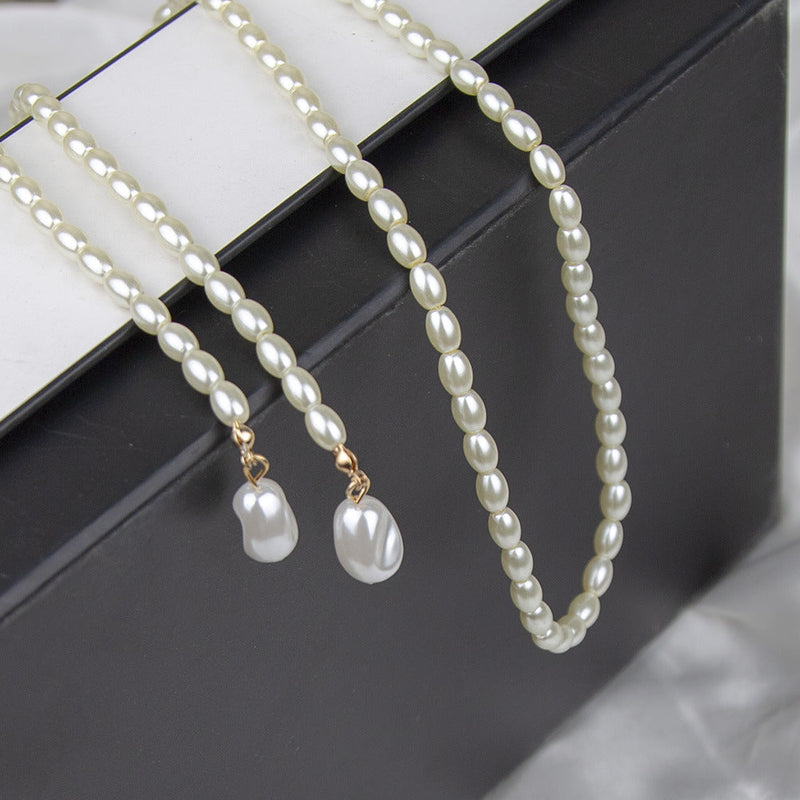 Vintage Long Glass Oval Pearl Necklace with Small Pearls