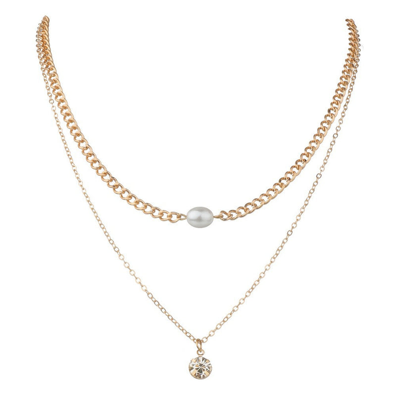 Rhinestone Pearl Round Double Layer Necklace