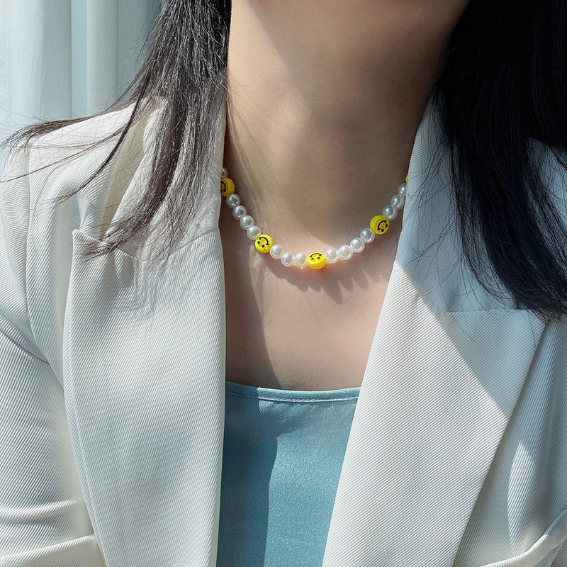 Pearl Beaded Smile Face Bead Choker Necklace for Women