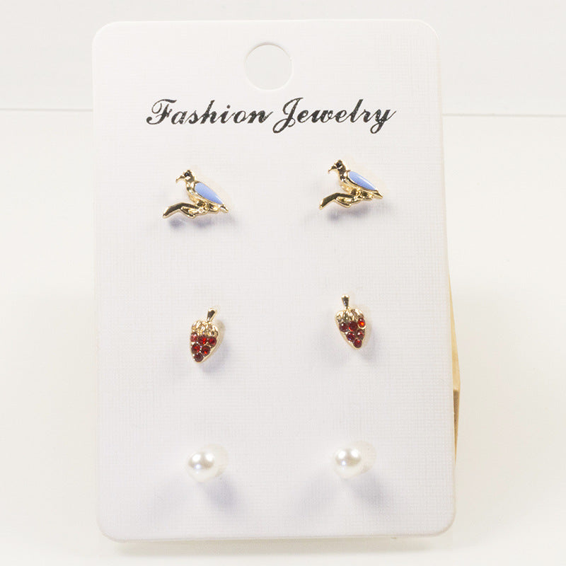 Bird Strawberry Stud Earrings Set