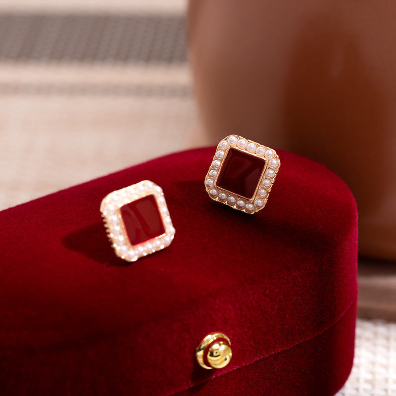 Geometric Square Pearl Stud Earrings