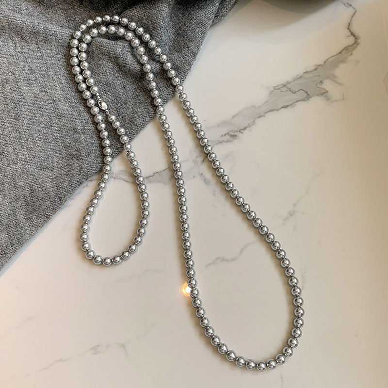 Long Gray Glass Pearl Vintage Charm Necklace