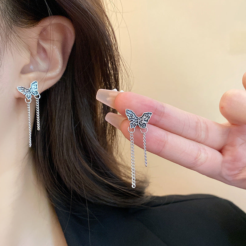 Black Enamel Butterfly Tassel Earrings