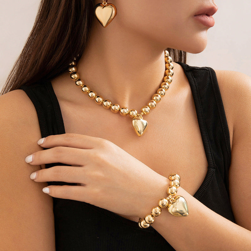 Fashion Heart Pendant Beaded Necklace Earrings Bracelet Jewelry Set
