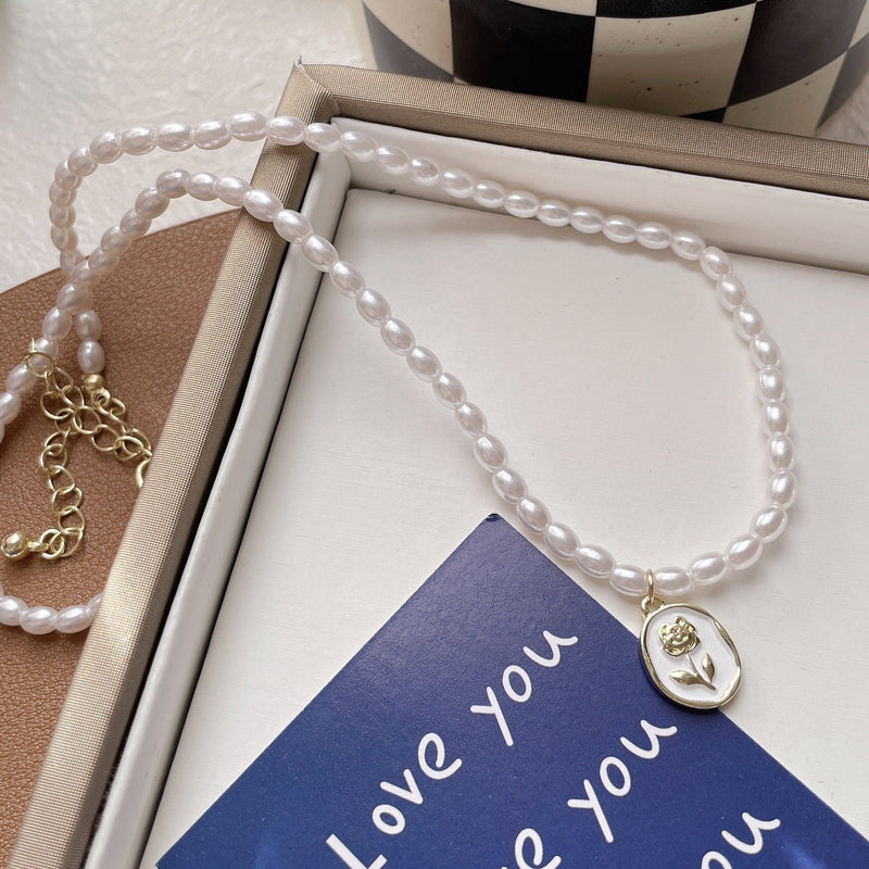 Oval Glass Pearl Necklace Wedding Pearl Necklace for Brides