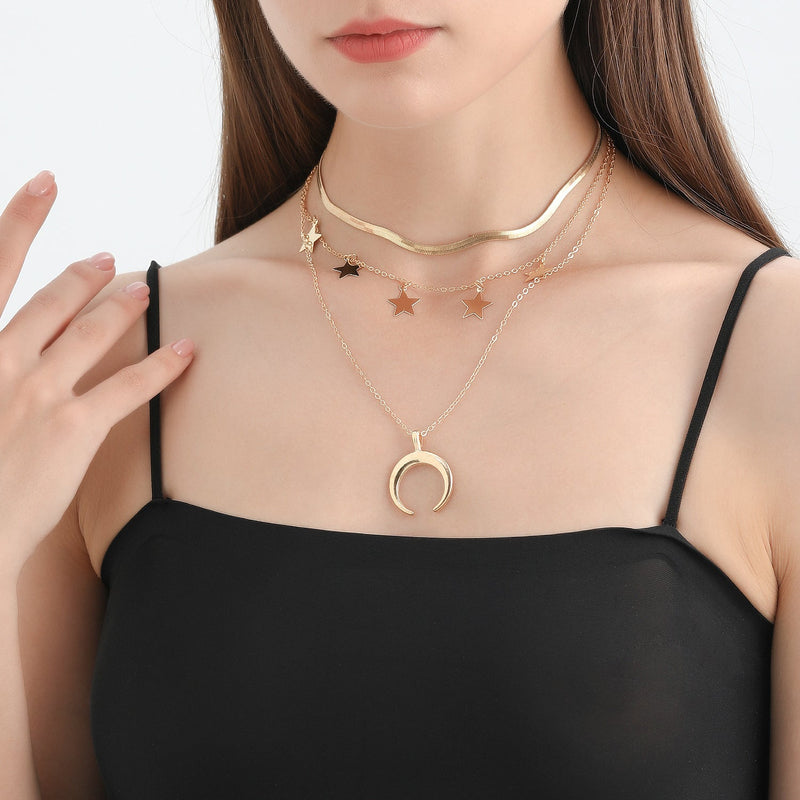 Geometry Star Moon Pendant Multilayer Chain Choker Necklace