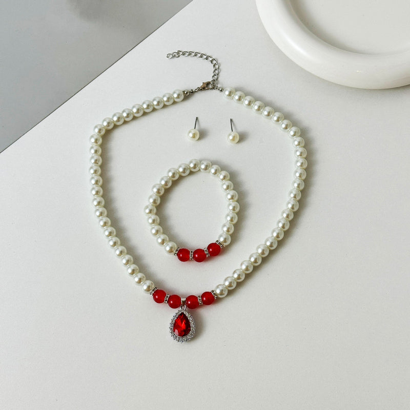 Glass Pearl Emerald Waterdrop Pendant Necklace Set