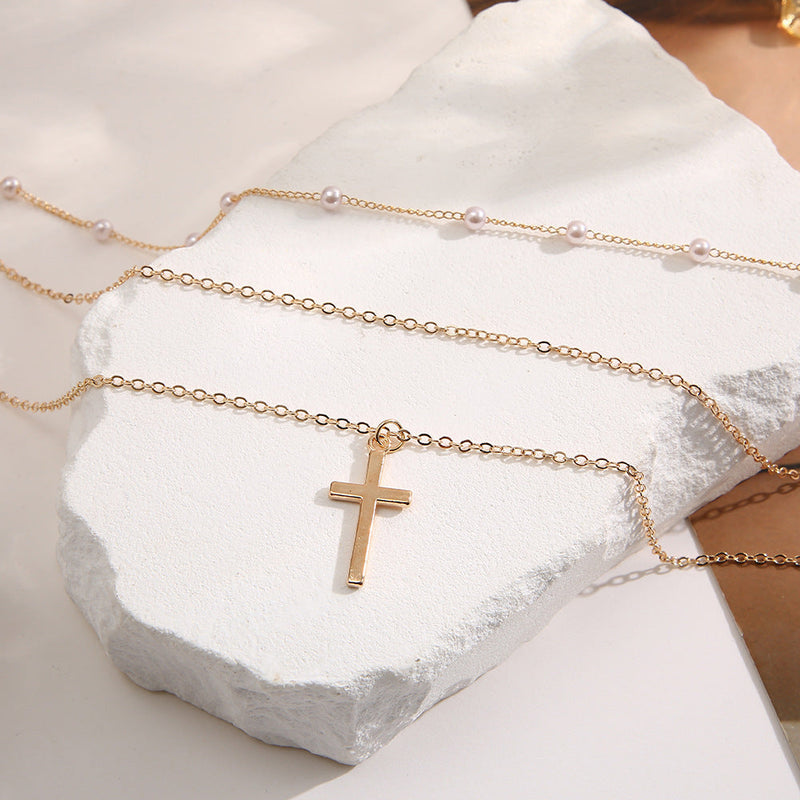 Chain Cross Three-layer Pearl Chain Cross Necklace