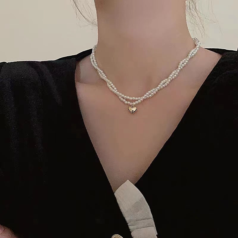 Multi Layer Pearl Necklace Luxury Wrapping Heart Pendant Chain Choker for Women