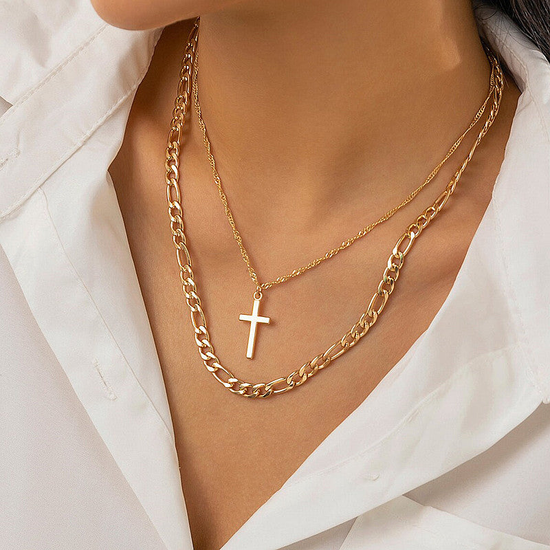 Punk Cuban Chain Stacked Cross Pendant Necklace