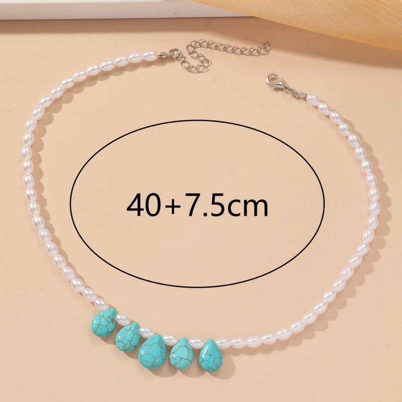 Bohemian Holiday Style Water Drop Turquoise Pendant Pearl Necklace