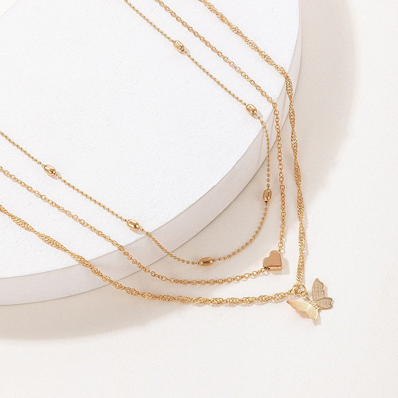 Multi Layers Metallic Chain Butterfly Charm Necklace