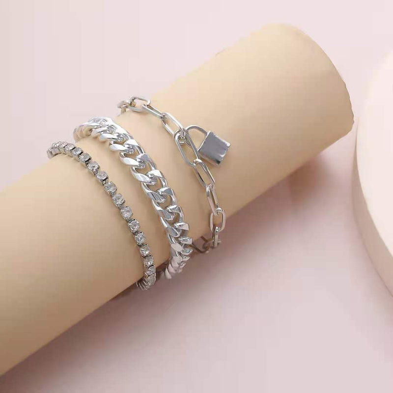 Layered Cuban Chain Bracelet Set Lock Charm