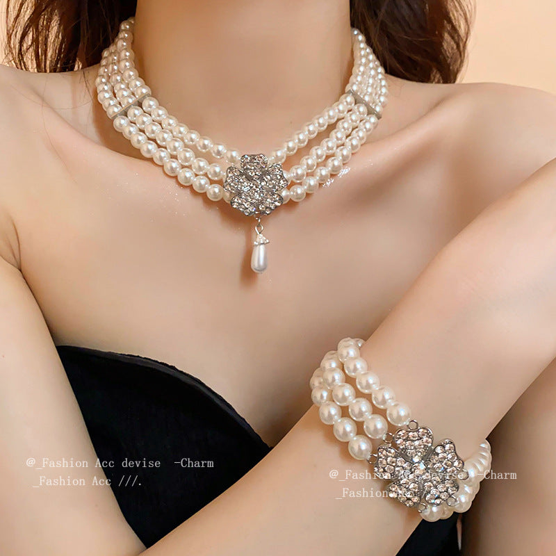 Multi-layered Pearl Flower Stone Necklace Earrings Bracelet Fashion Jewelry Set