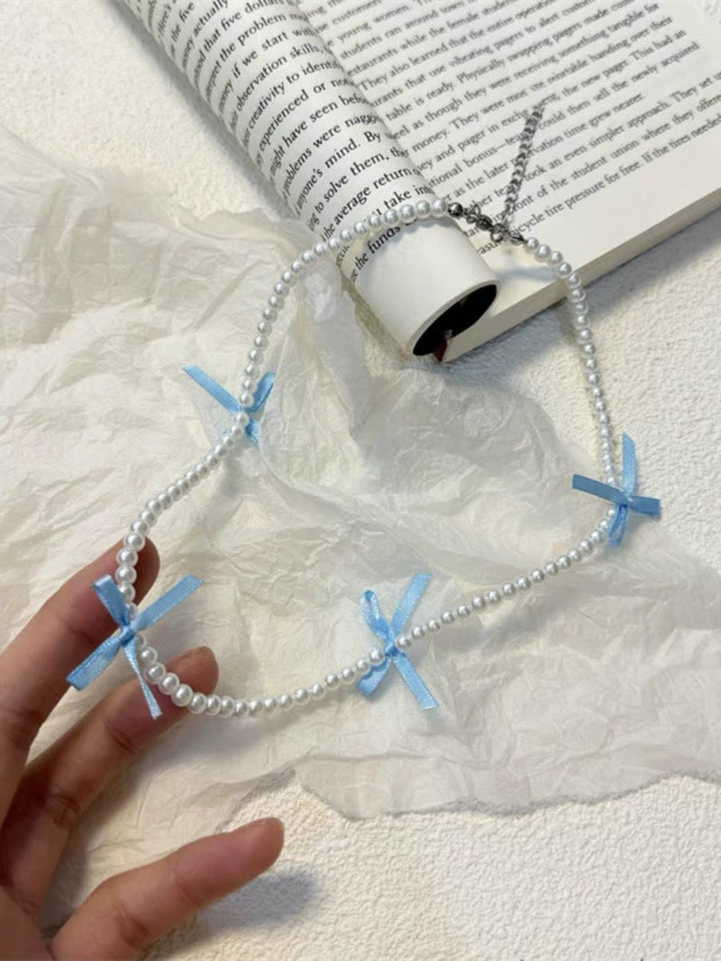 Cute Silk Ribbon Bow Charm Rice Beads Short Choker Necklace