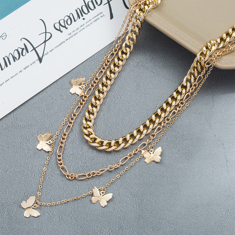Butterfly Pendant Multi Layered Chain Necklace