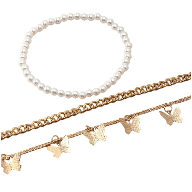 Layered Foot Chain Cuban Link Anklet Pearl Butterfly Ankle Bracelet
