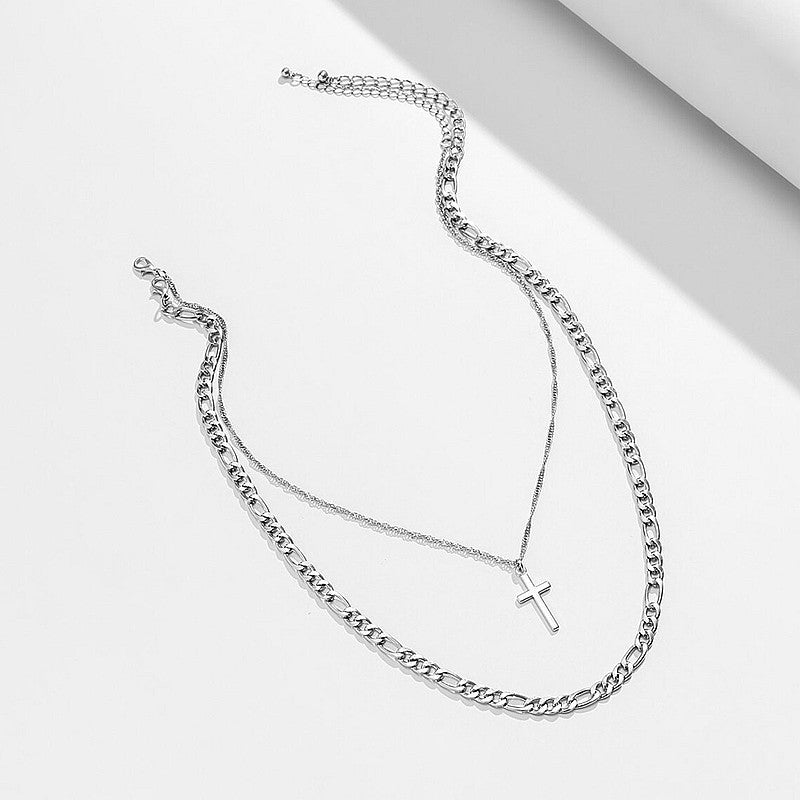 Punk Cuban Chain Stacked Cross Pendant Necklace