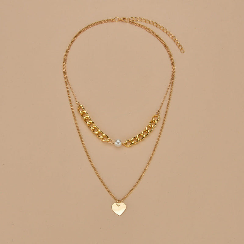 Double Layers Chain Heart Pearl Pendant Necklace