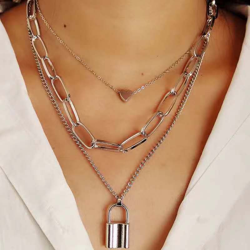 Multi-layer Chain Heart Lock Shaped Pendant Necklace