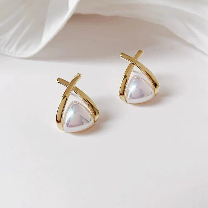 Geometric Triangle Pearl Stud Earrings