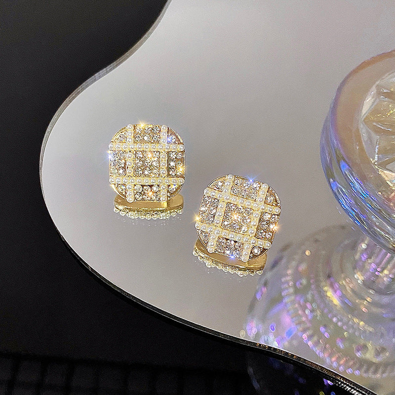 Geometric Rhinestone Small Pearl Square Earrings