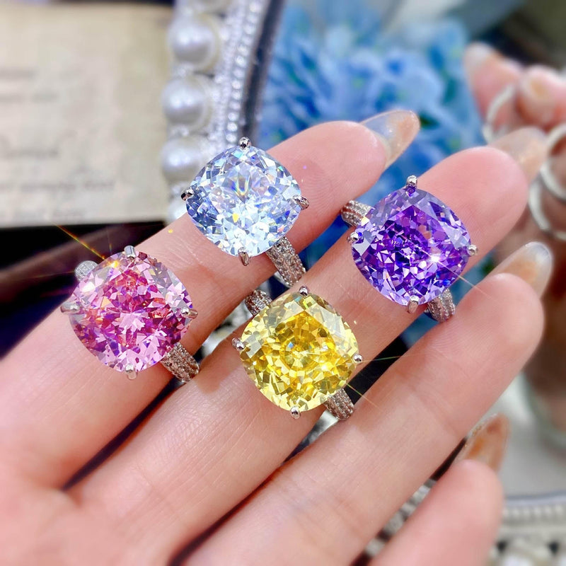 Multicolor Star Cut Bold Square CZ Adjustable Ring, Super Sparkling 14*14mm Main Cubic Zirconia, Pavé CZ Band, Dainty Luxe