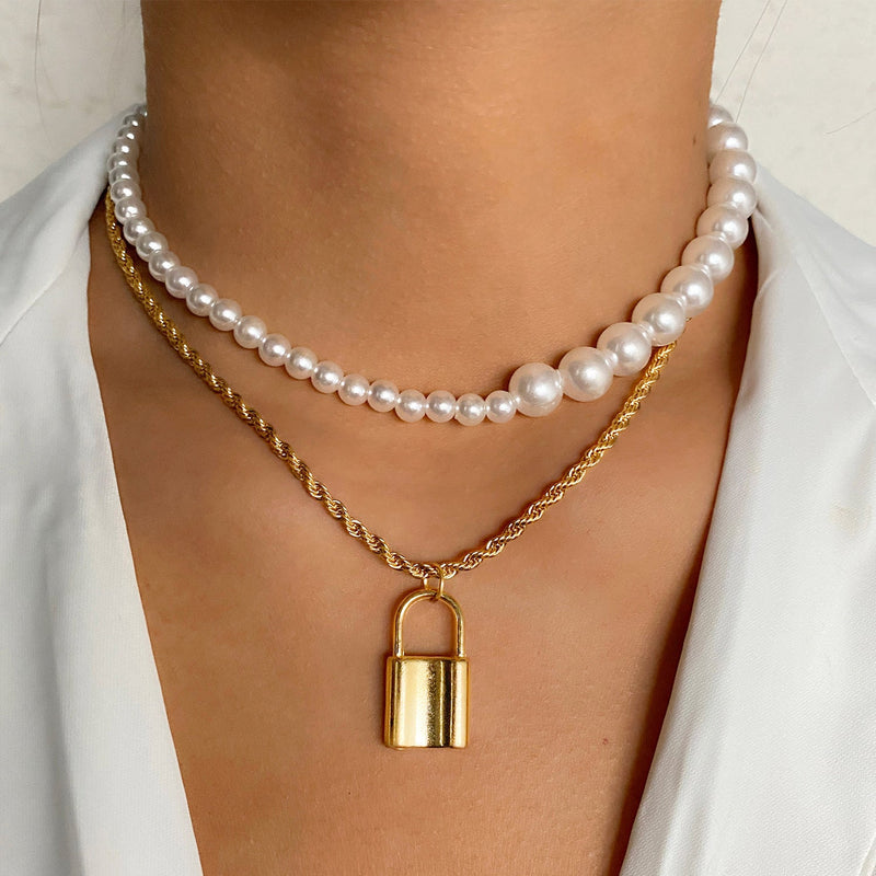 Heart Star Charm Paperclip Chain Choker Necklace Layered Lock Pendant