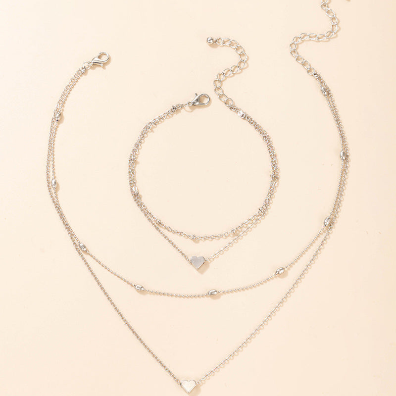 Multi Layer Clavicle Chain Peach Heart Pendant Necklace Jewelry Set