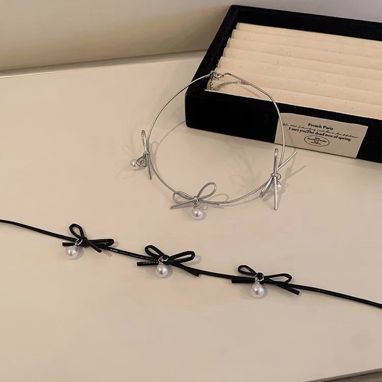 PU Leather Bow Clavicle Chain Choker Pearl
