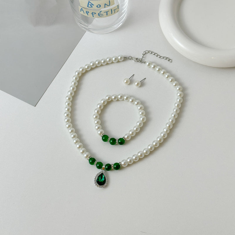 Glass Pearl Emerald Waterdrop Pendant Necklace Set