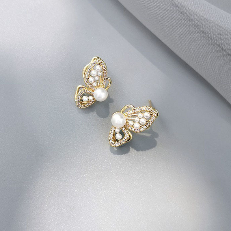 White Butterfly Pearl Stud Earrings for Women