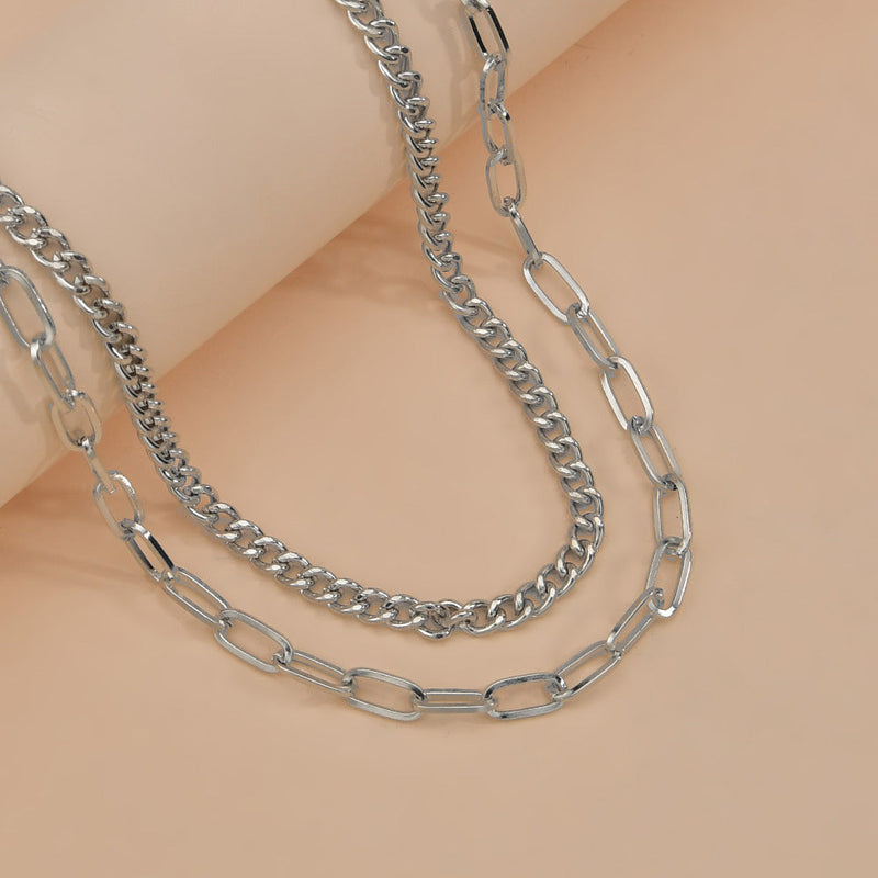 Double Layered Cuban Link Rectangle Chain Choker Necklace