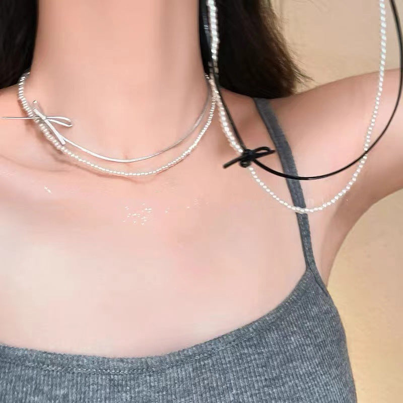 Leather Bowknot Collarbone Chain Choker Link Chain Necklace