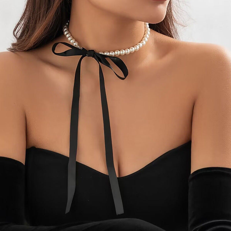 White Imitation Pearl Choker Necklace Women Long Black Ribbon