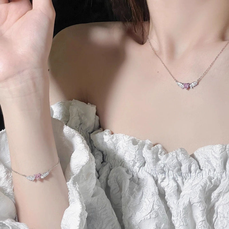 Pink Heart Angel Wings Necklace Bracelet