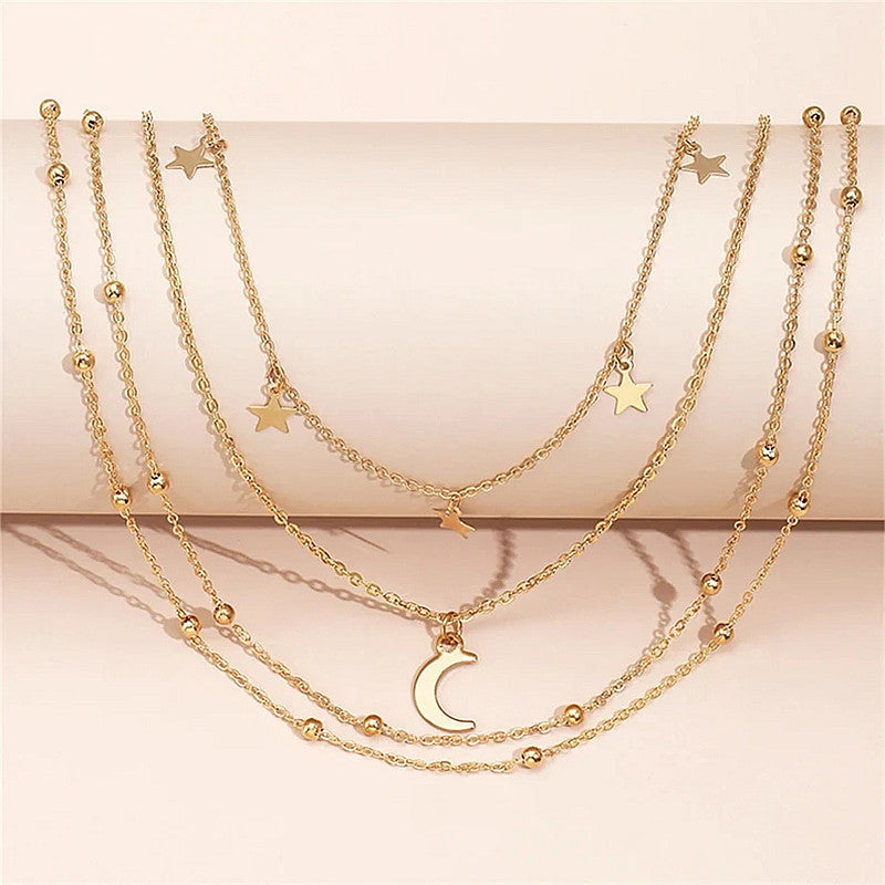 Three layer Chain Star Moon Pendant Necklace