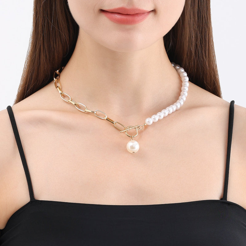 Pearl Necklace Sweater Gold Chain with Toggle Clasp