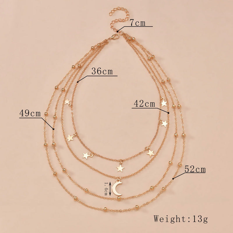Fashion Star and Moon Three Layer Plated Gold Necklace